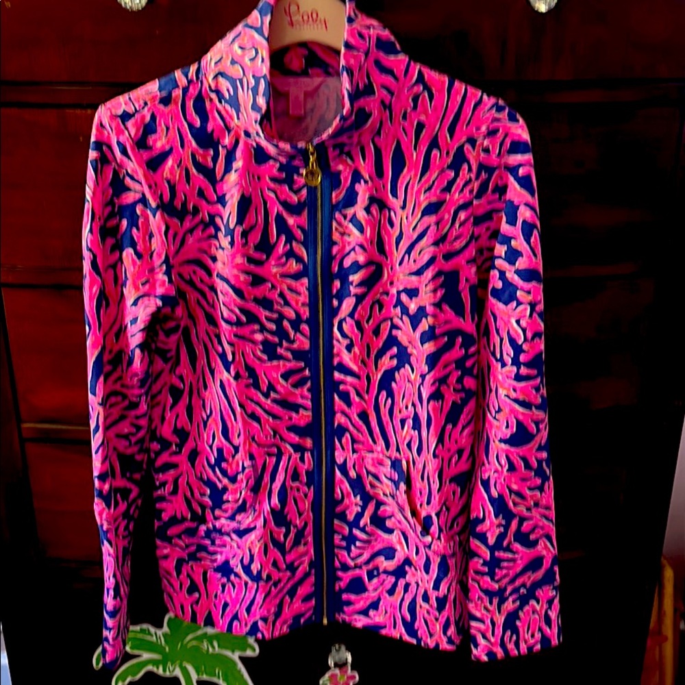 Lilly Pulitzer Leona Zip Jacket Navy Pink Coral Print